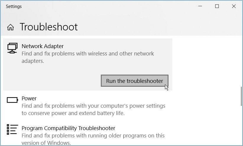 Running the Network adapter troubleshooter on Windows