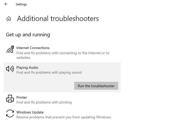 Running Playing Audio Troubleshooter in Windows Settings App