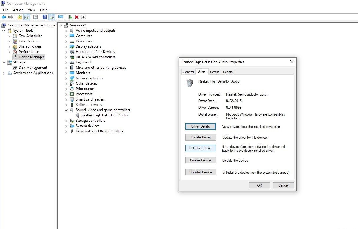 Rollling Back Audio Driver Update in Device Manager Settings in Windows
