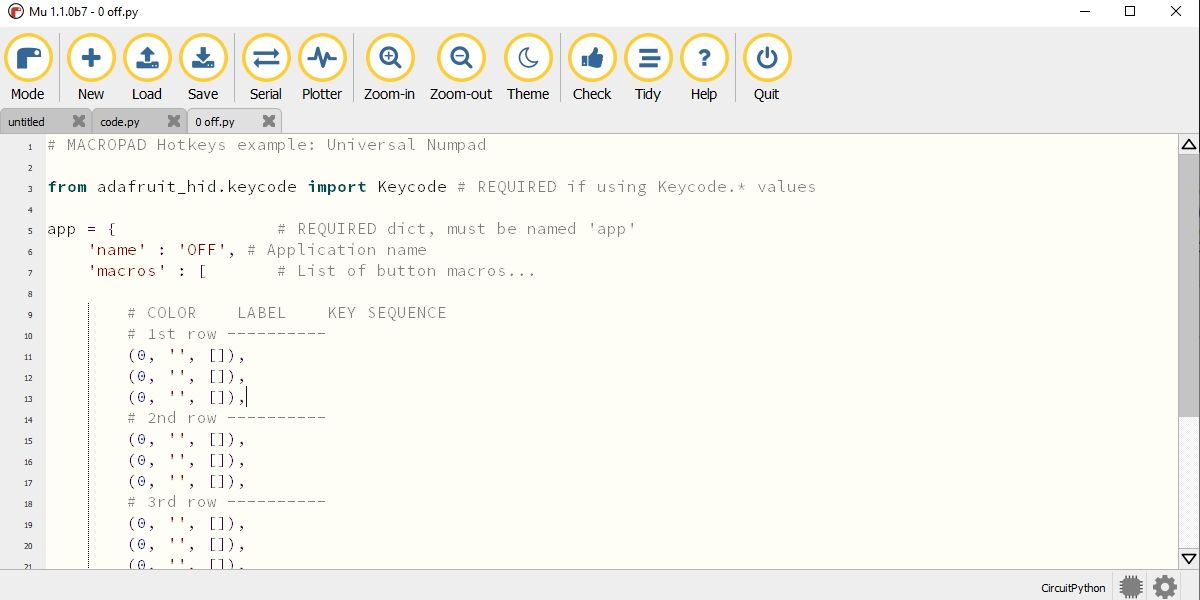 Adafruit MacroPad Mu ویرایشگر ماکرو خاموش