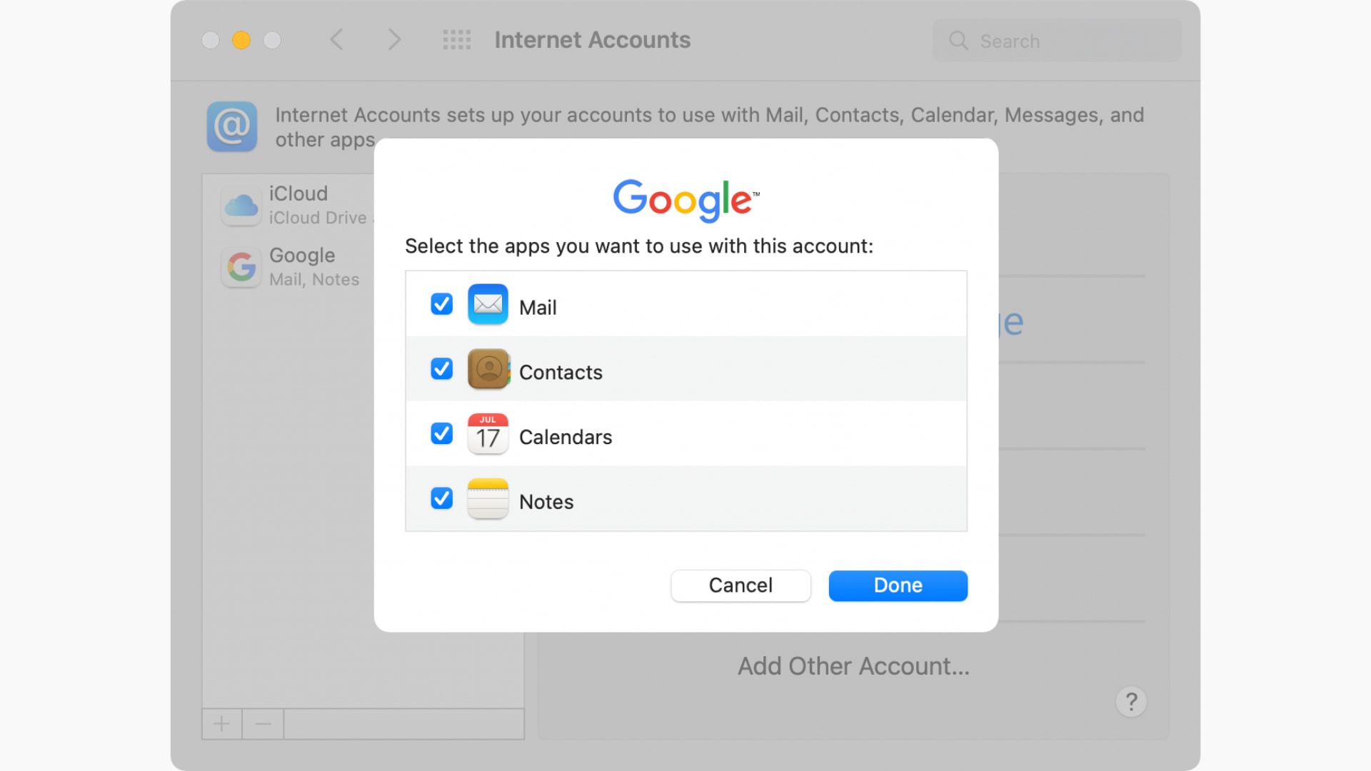 Add Google account for Notes on Mac