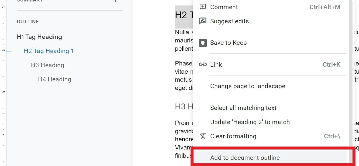 A screenshot showing how to add a heading to an article outline in Google docs