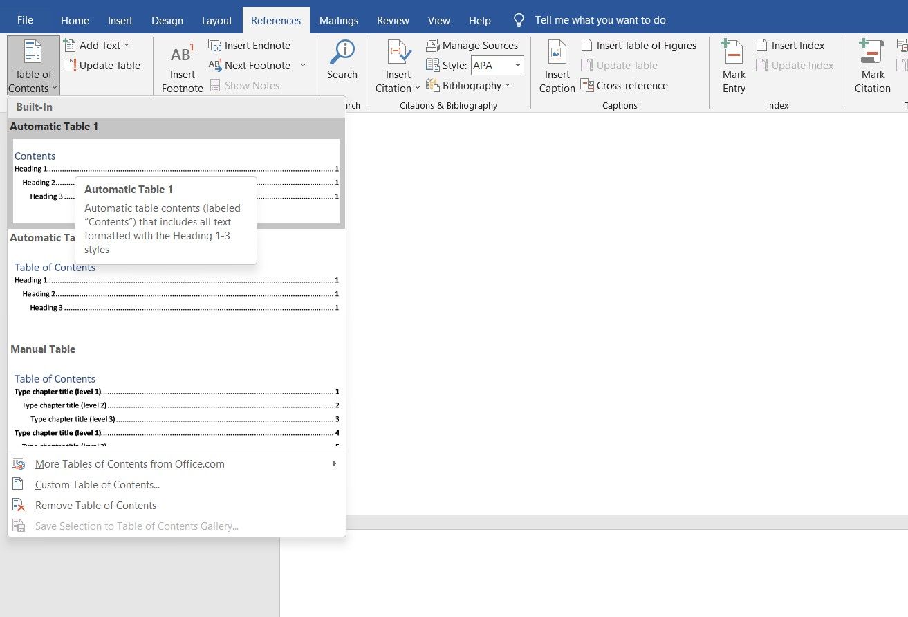 Adding table of content in MS Word