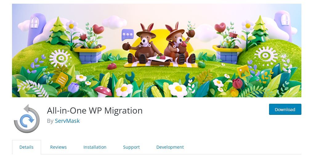 Screenshot of All in One Migration landing page in the WordPress plugin directory