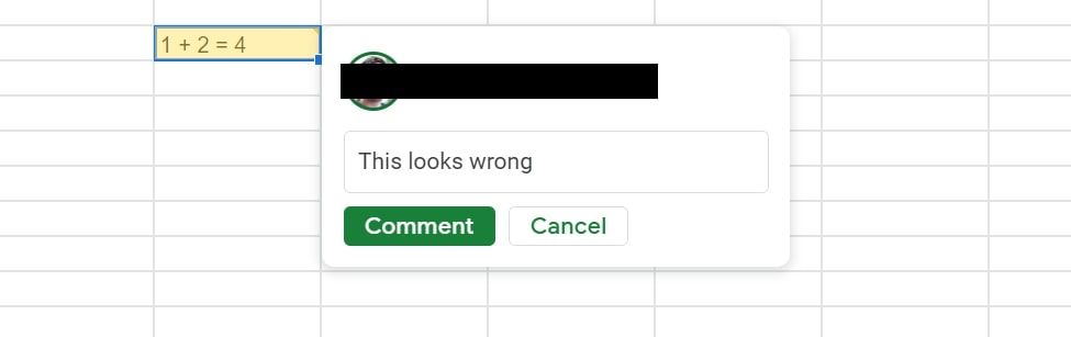 A screenshot of an example comment in Google Sheets