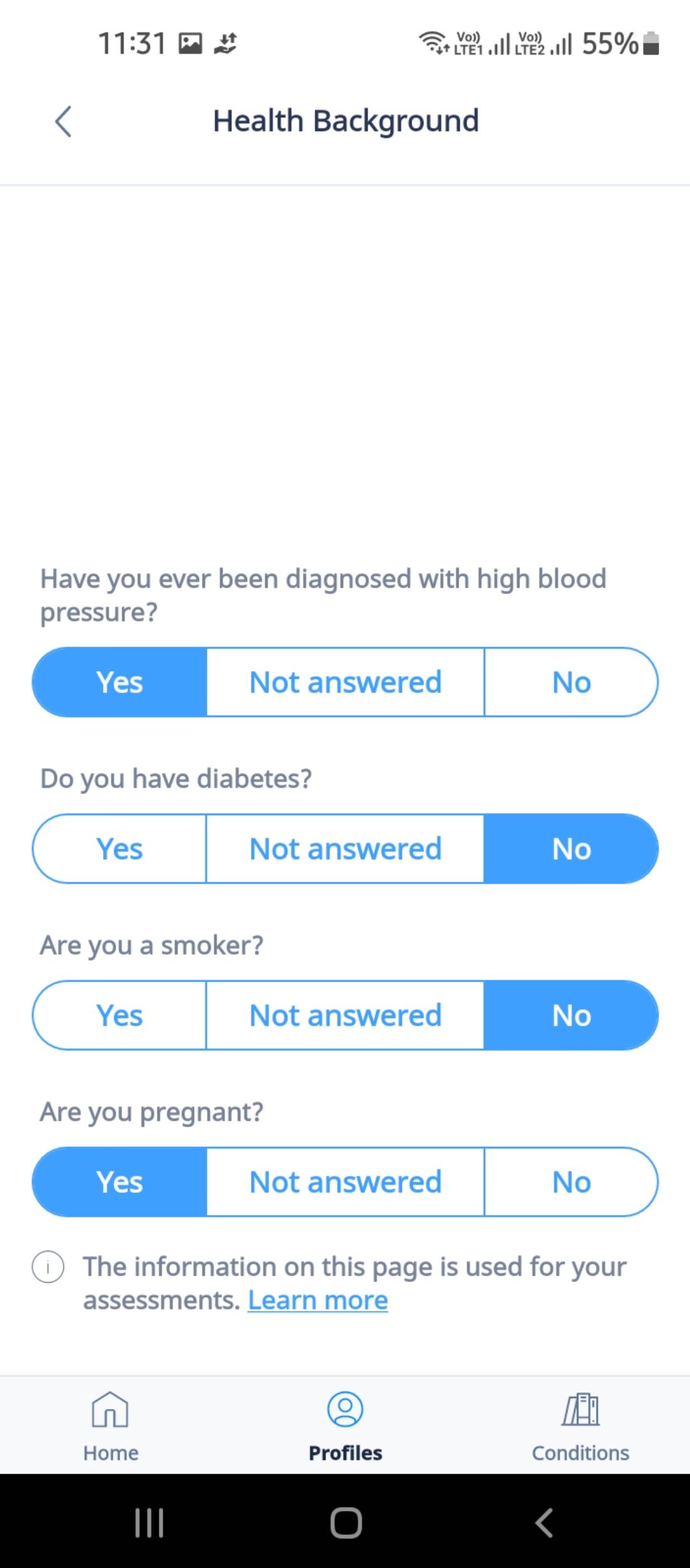 Health profile settings in the ADA health app