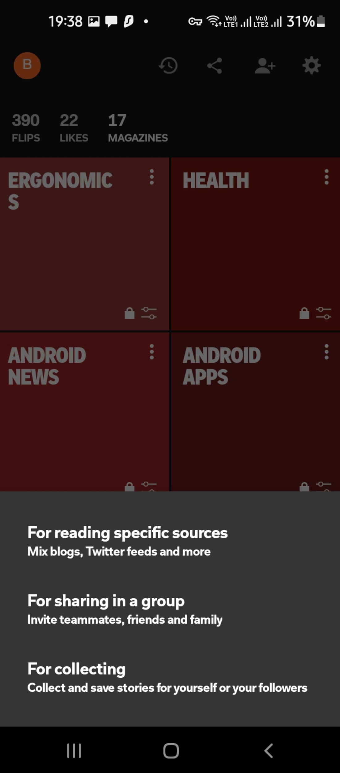 Curation of magazines and social feeds in Flipboard