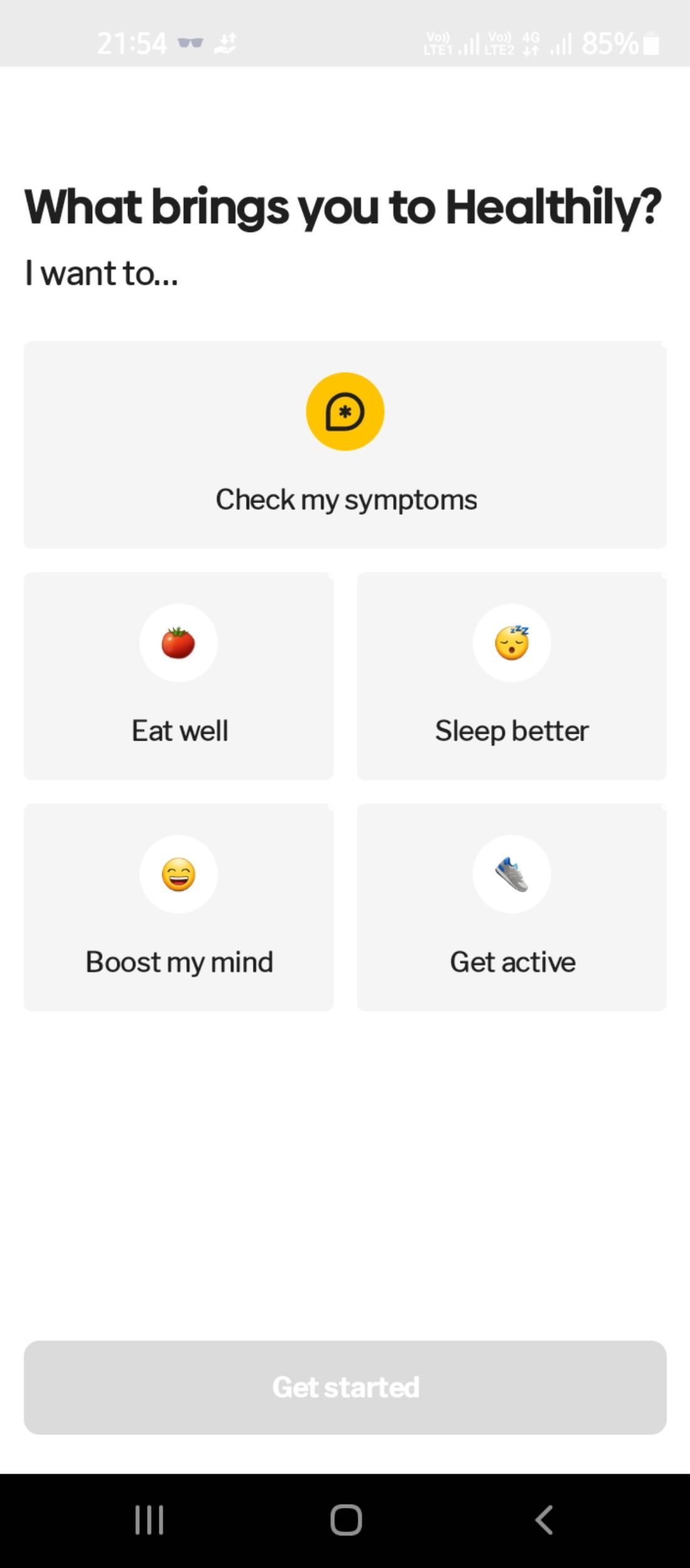 Onboarding options and choices in the Healthily app