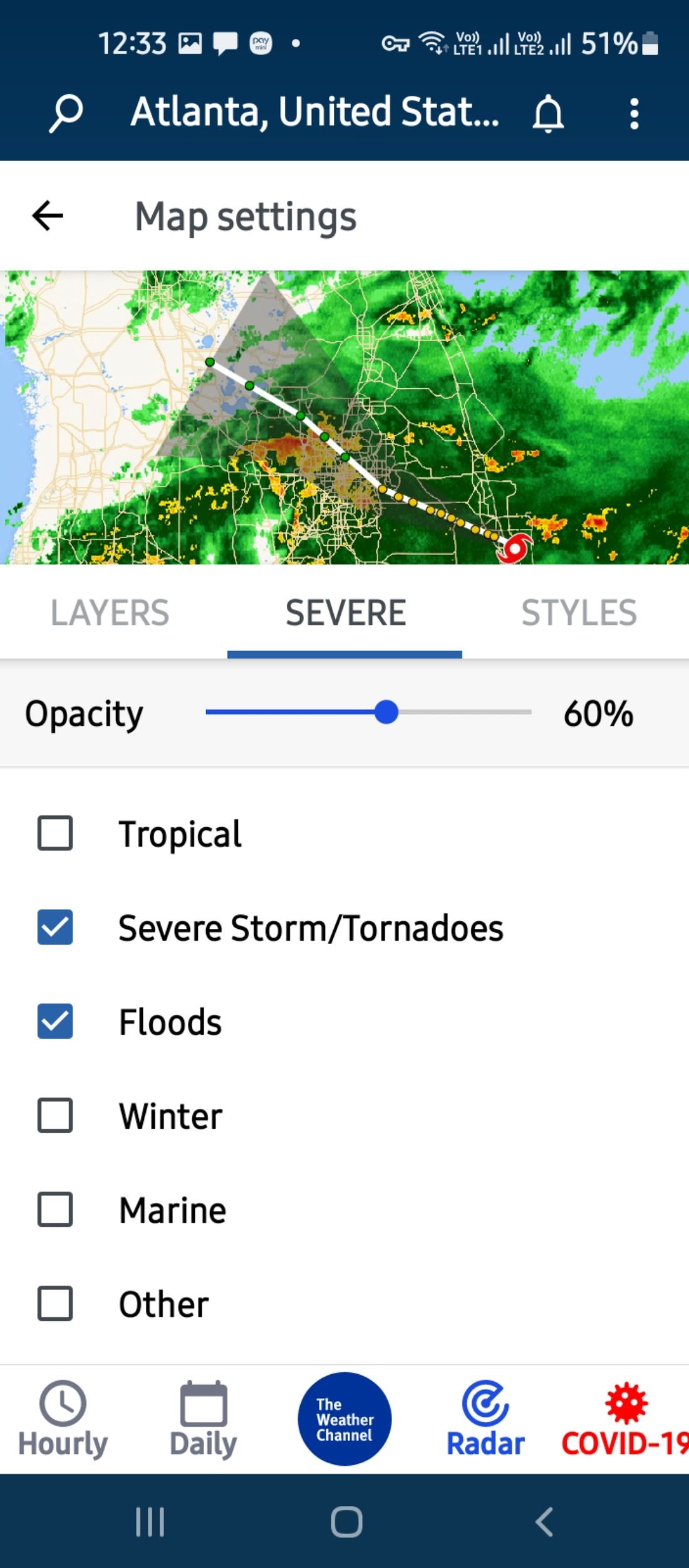 Weather alerts in the IBM Weather Channel app