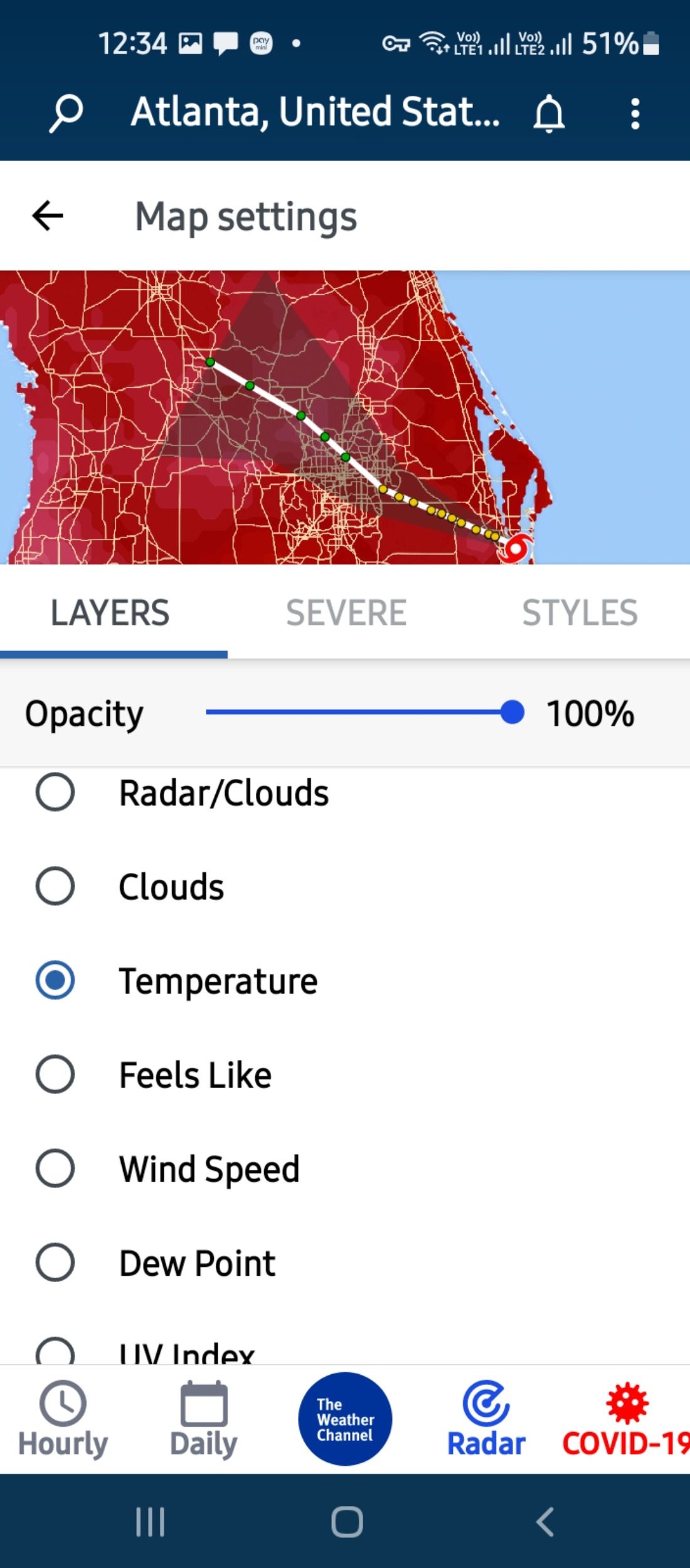 Map navigation settings in Weather channel app
