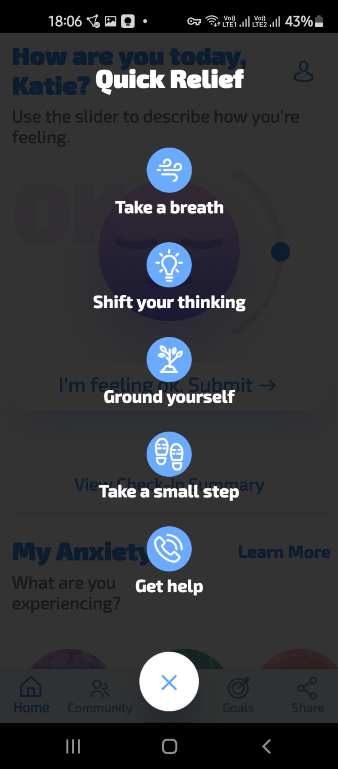 Quick relief feature in the MindShift app