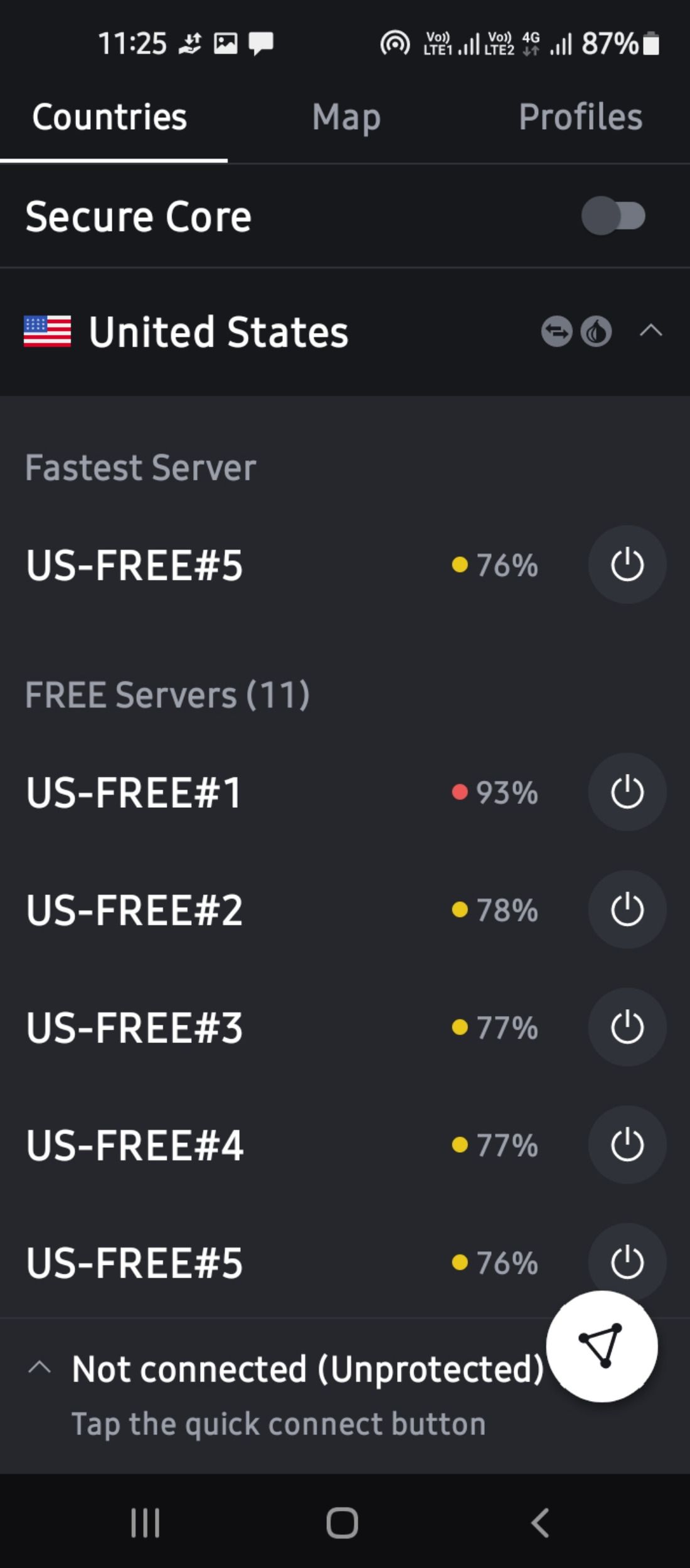 Free server connections in Proton VPN app