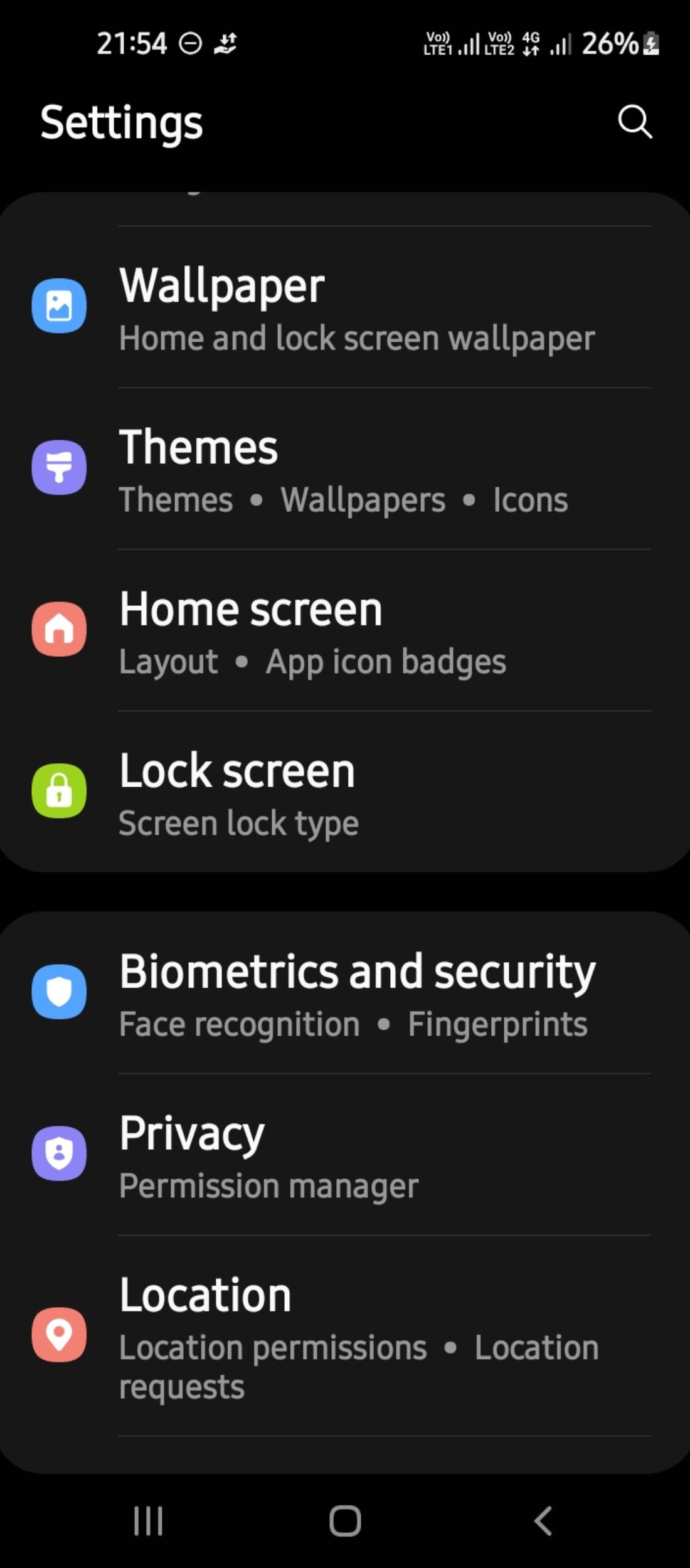 Security and biometrics settings in Samsung Galaxy