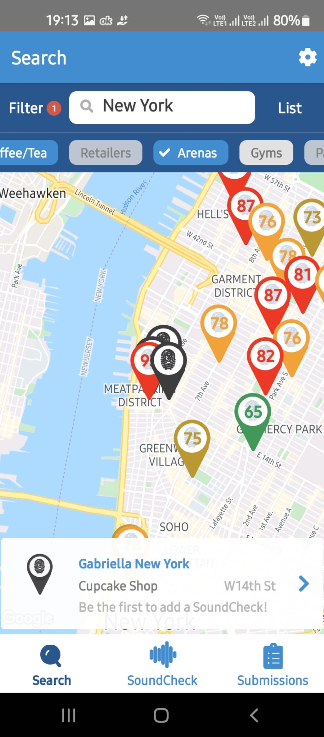 Noise range maps for New York City in SoundPrint app