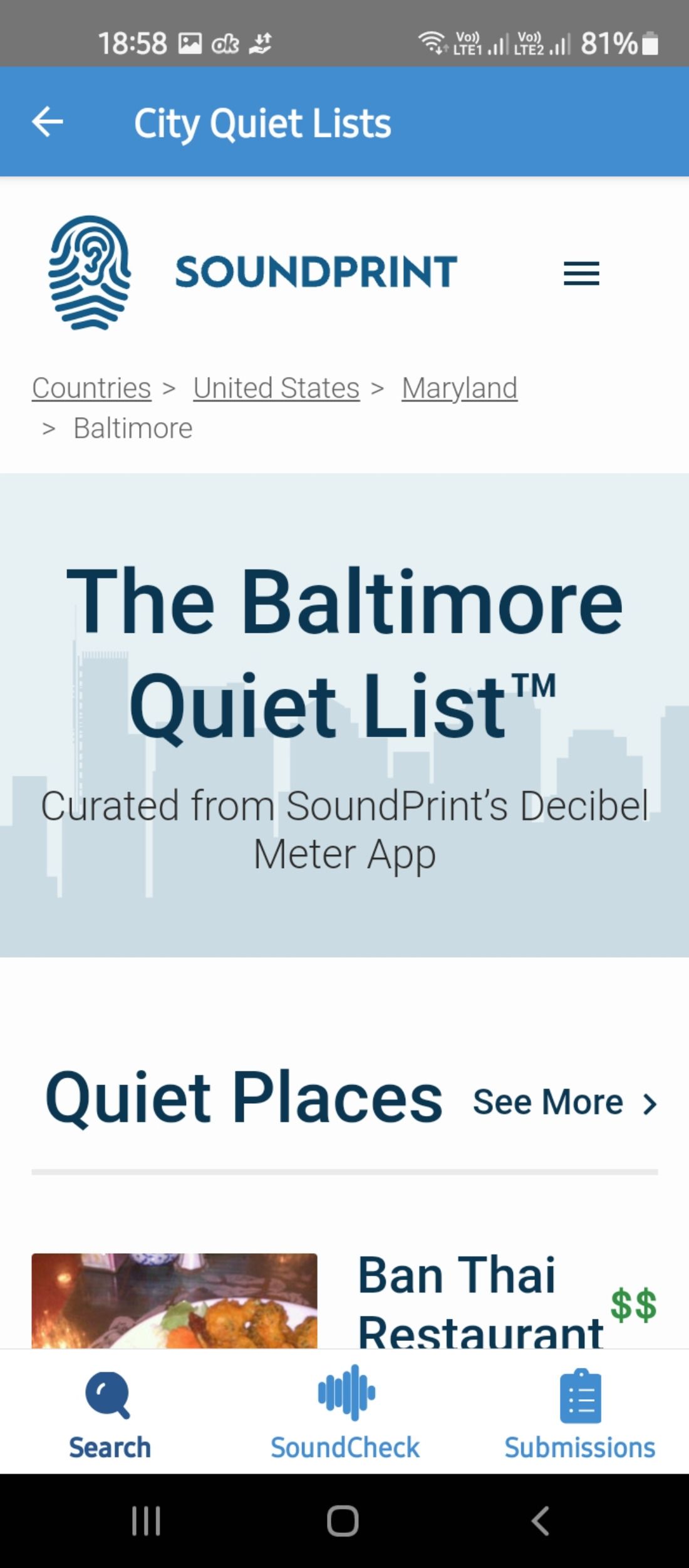 List of quiet restaurants in Baltimore in the SoundPrint app