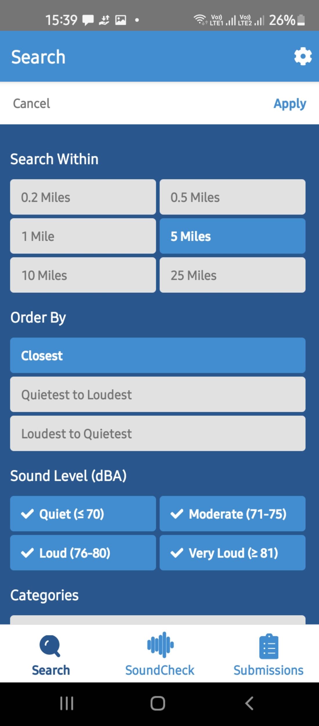 Filters to locate quiet zones in the SoundPrint app