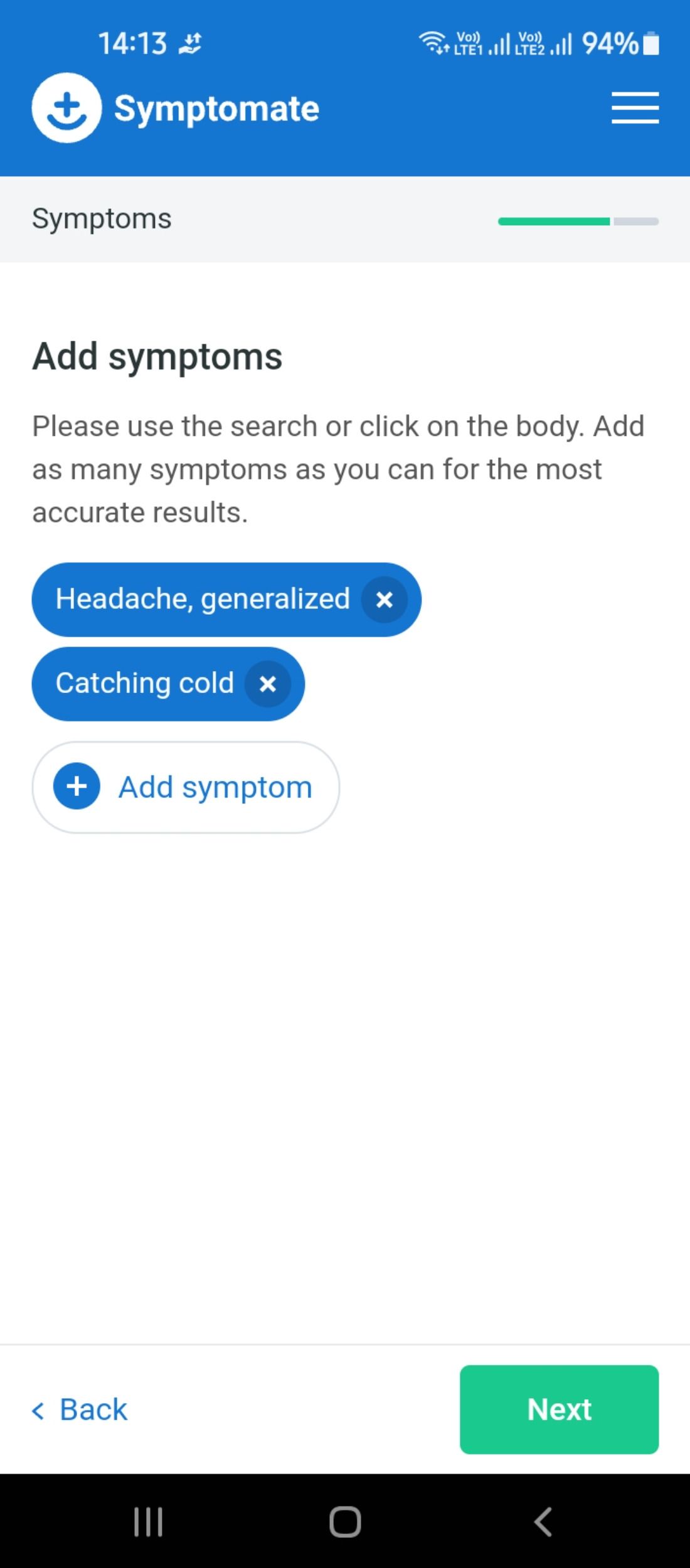Symptoms checker functionality in the Symptomate app