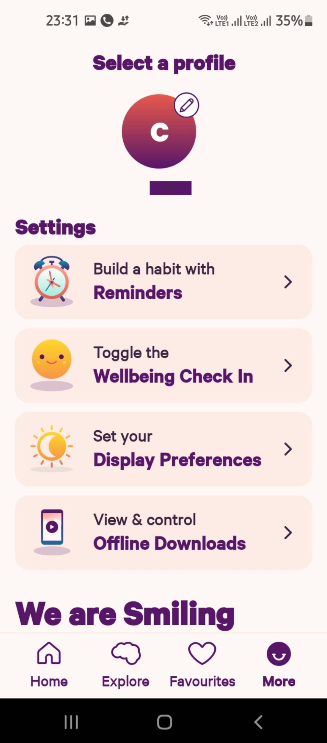 Settings and customization in the Smiling Mind app