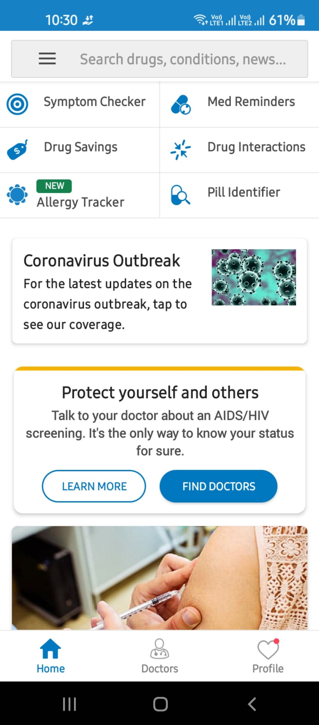 Home page in the WebMD app