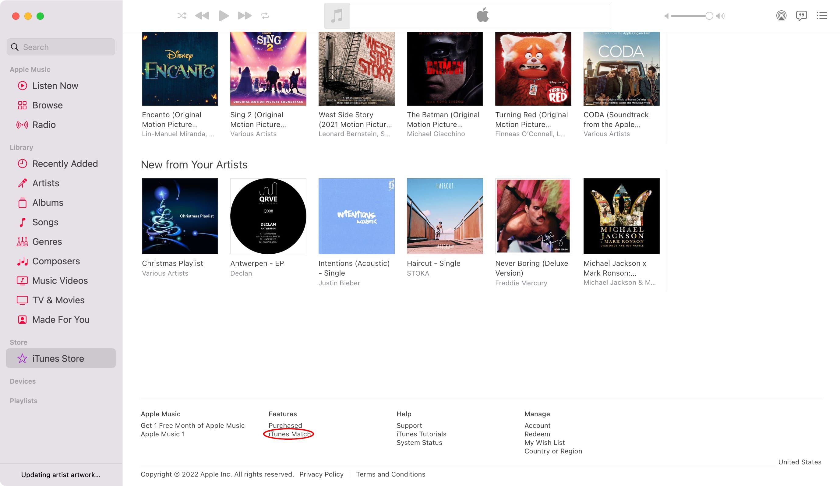 A macOS screenshot displaying the iTunes Store section in Apple's Music app, with the iTunes Match option highlighted