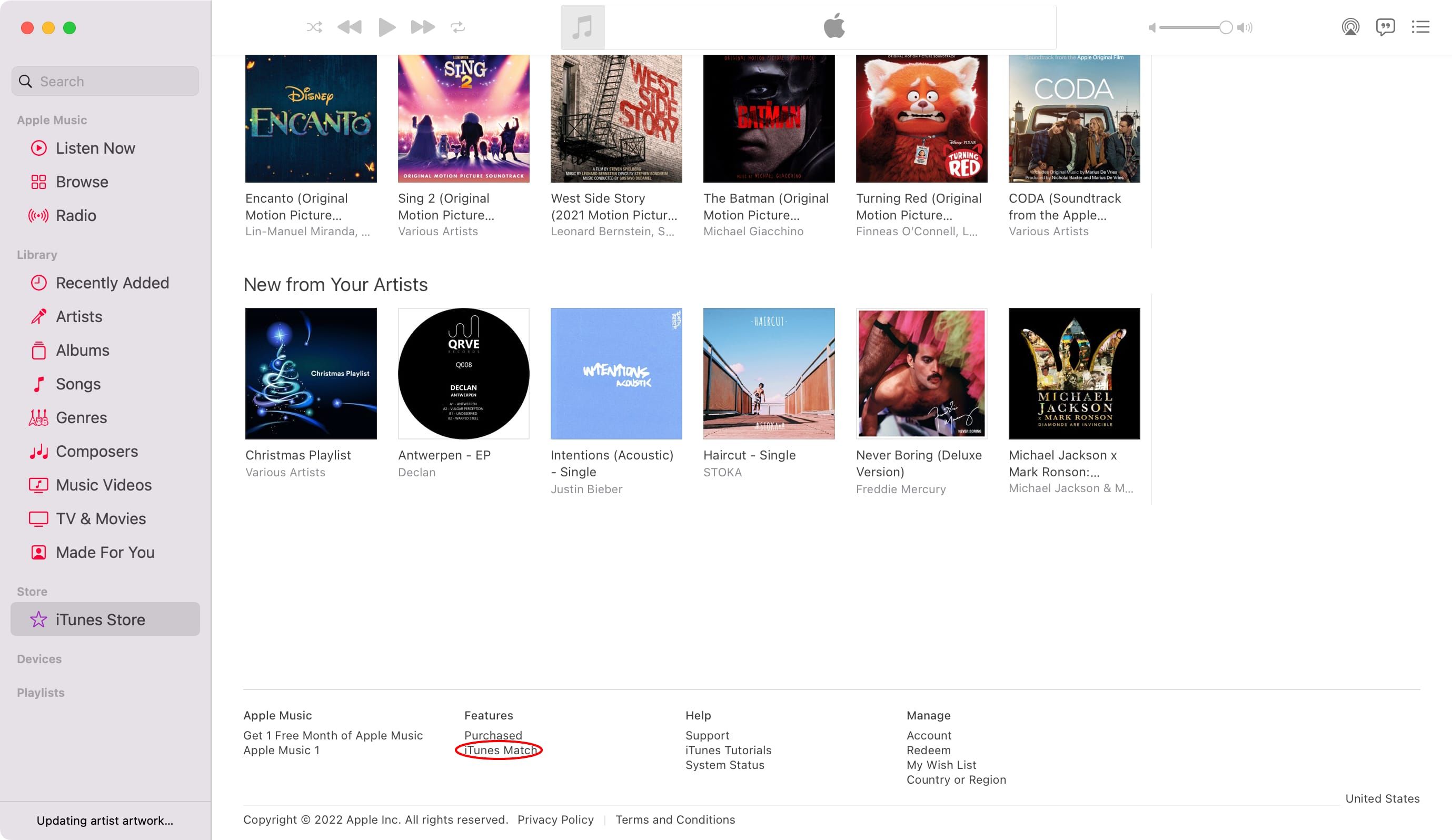 یک اسکرین شات از macOS که بخش iTunes Store را در برنامه موسیقی اپل نشان می‌دهد و گزینه iTunes Match برجسته شده است.