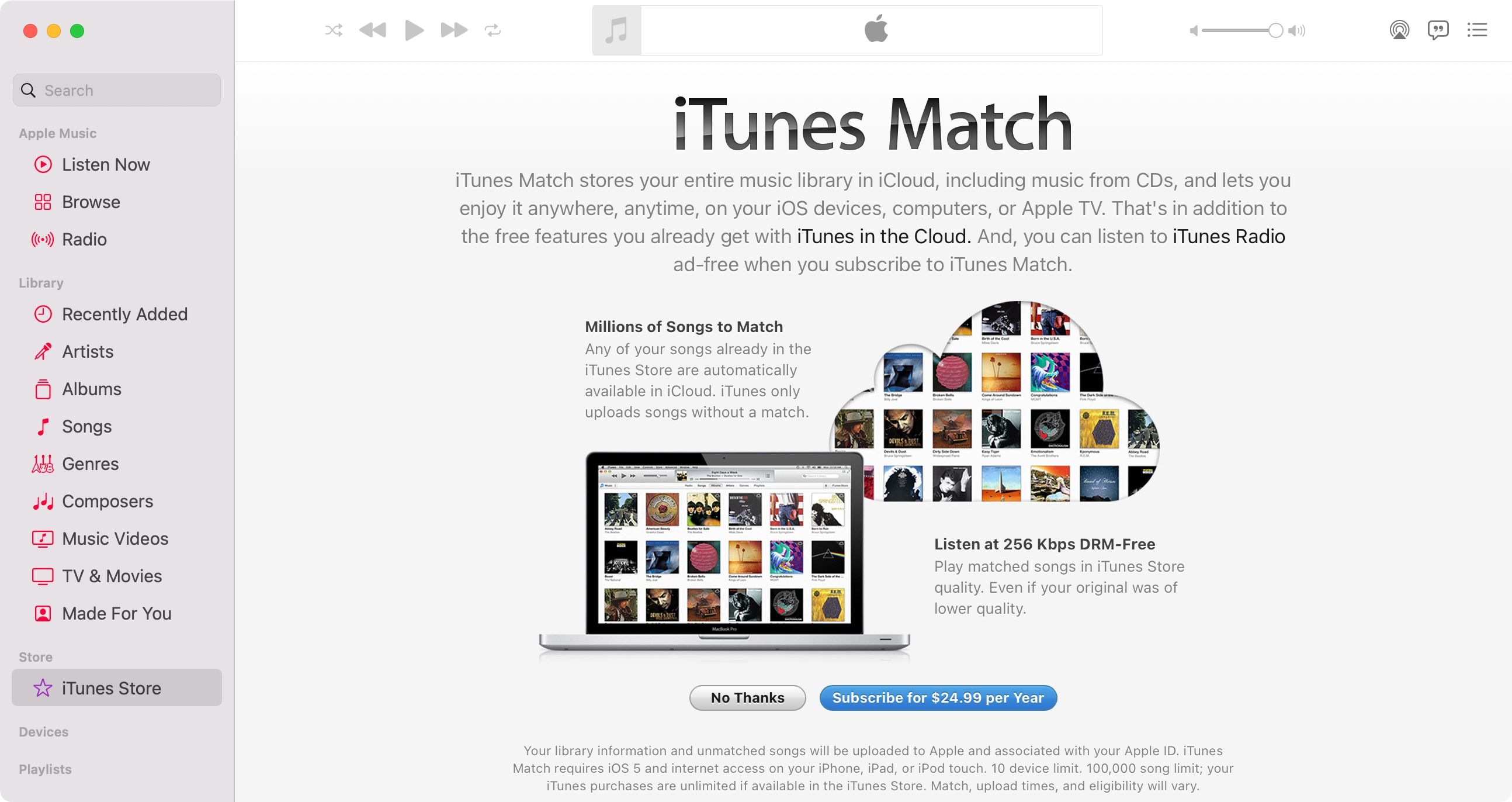 A screenshot displaying the iTunes Match splash screen in Apple's Music app on macOS Big Sur