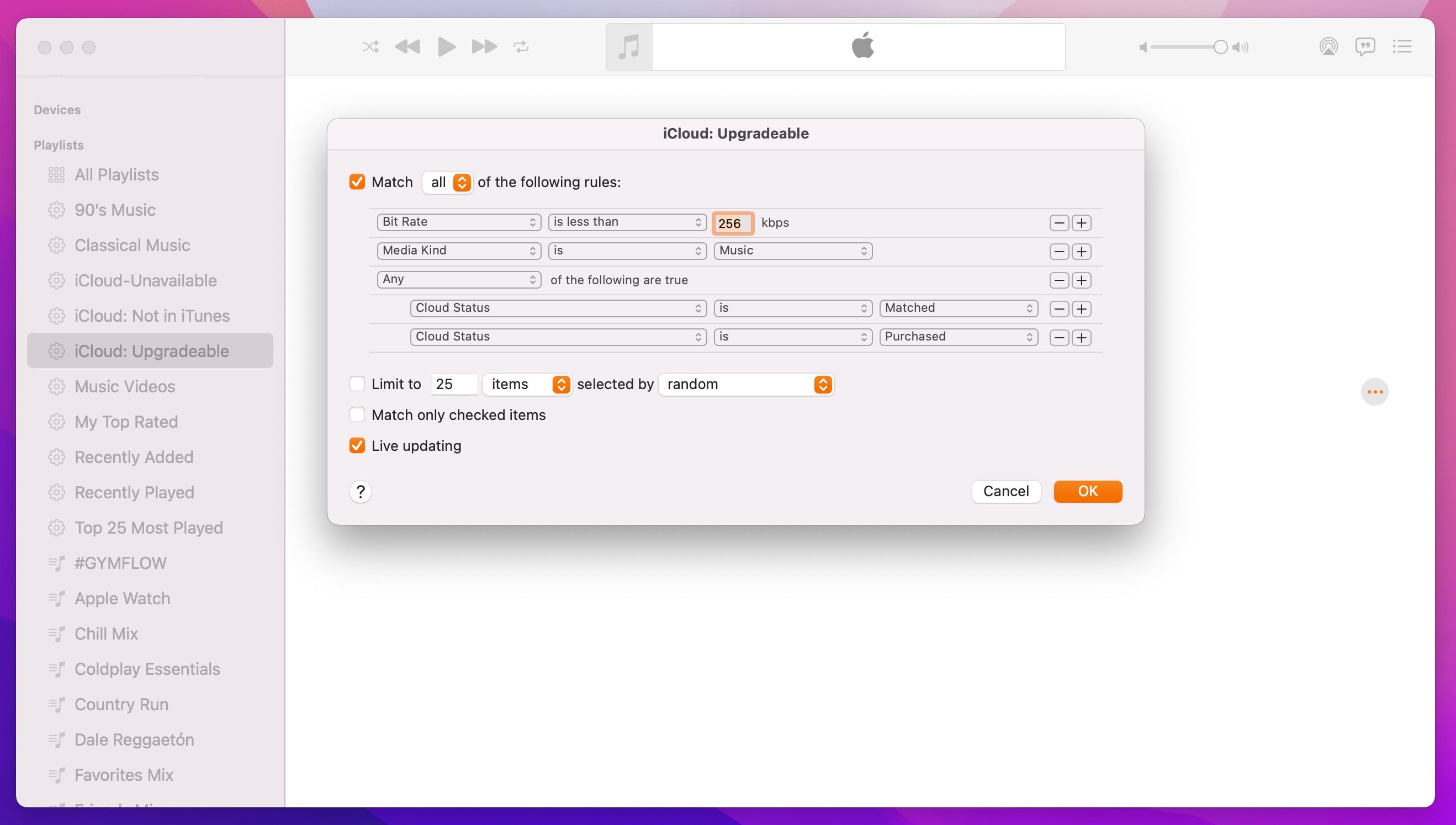 A macOS screenshot of Apple's Music app showing creating a smart playlist of songs that have 256Kbps AAC versions available on iTunes Match