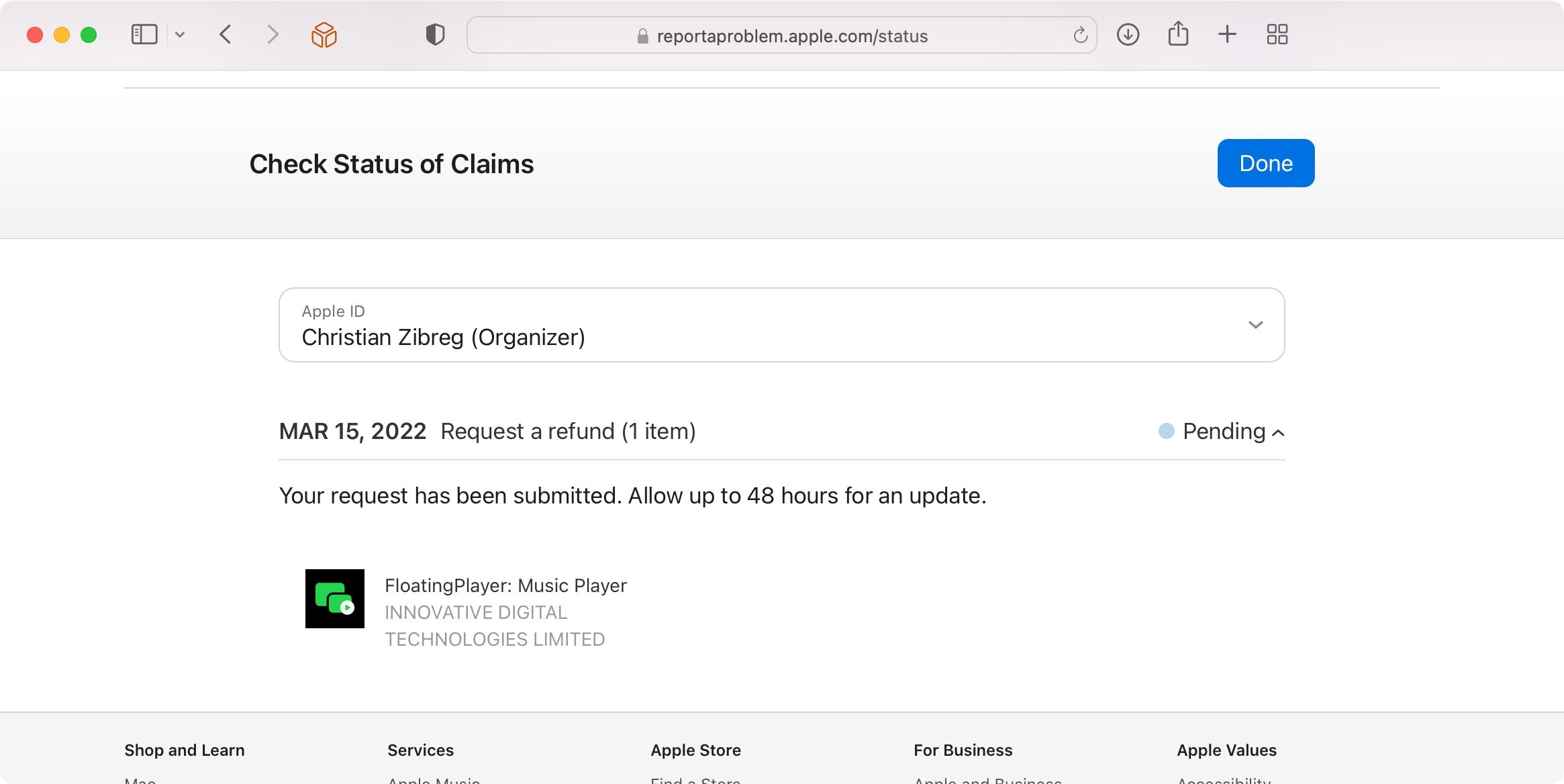 A screenshot showing checking the status or refund claims using Apple's specialized "Report a Problem" webpage running in Safari for Mac