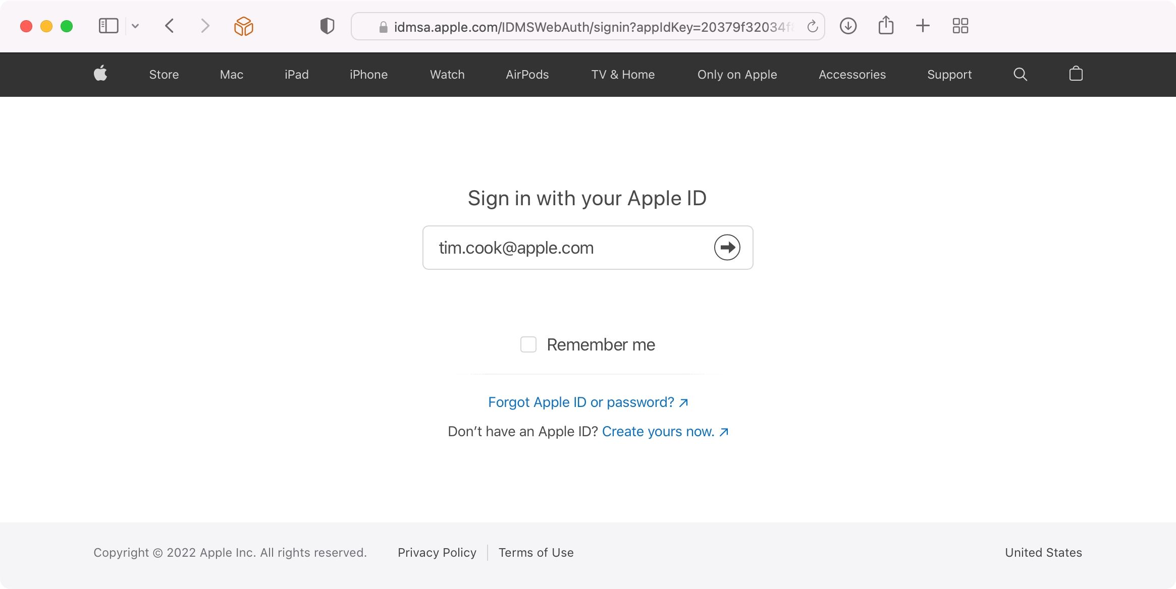 A screenshot showing logging in with an Apple ID account at Apple's "Report a Problem" webpage in Safari for Mac
