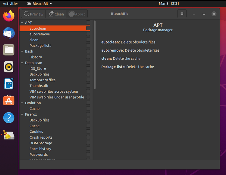 BleachBit Cleaner UI Screenshot  on Ubuntu
