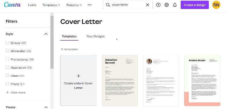 Selection of cover letter templates within Canva