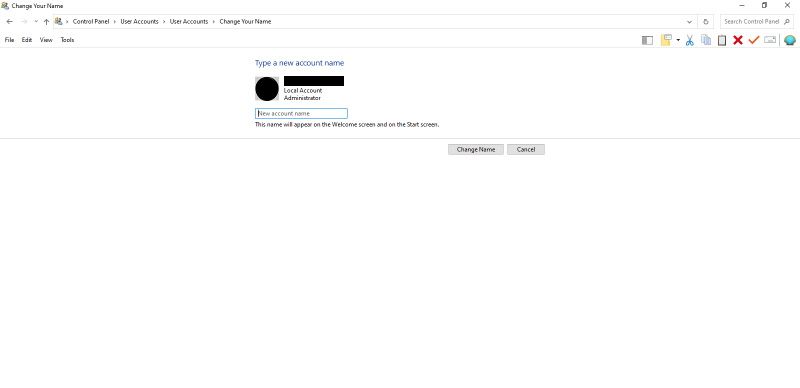 Change Windows 10 admin name via Start menu