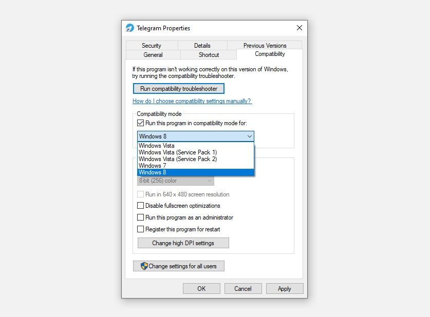 Changing Compatibility Mode Settings in the Properties of Telegram App in Windows