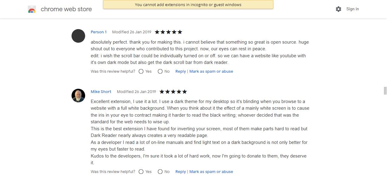 Chrome extension reviews on Chrome Web Store