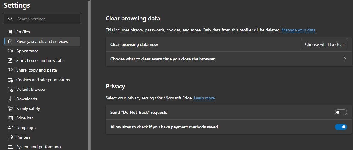 Clear Browsing Data Settings in Microsoft Edge Settings