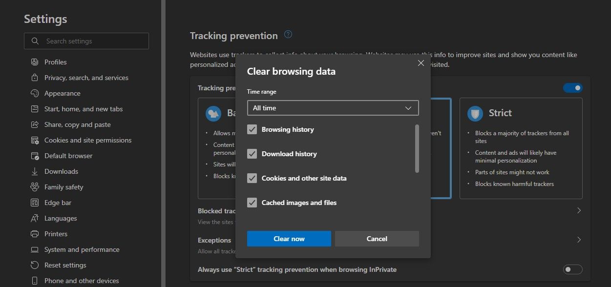 Clearing Browsing Data in Microsoft Edge