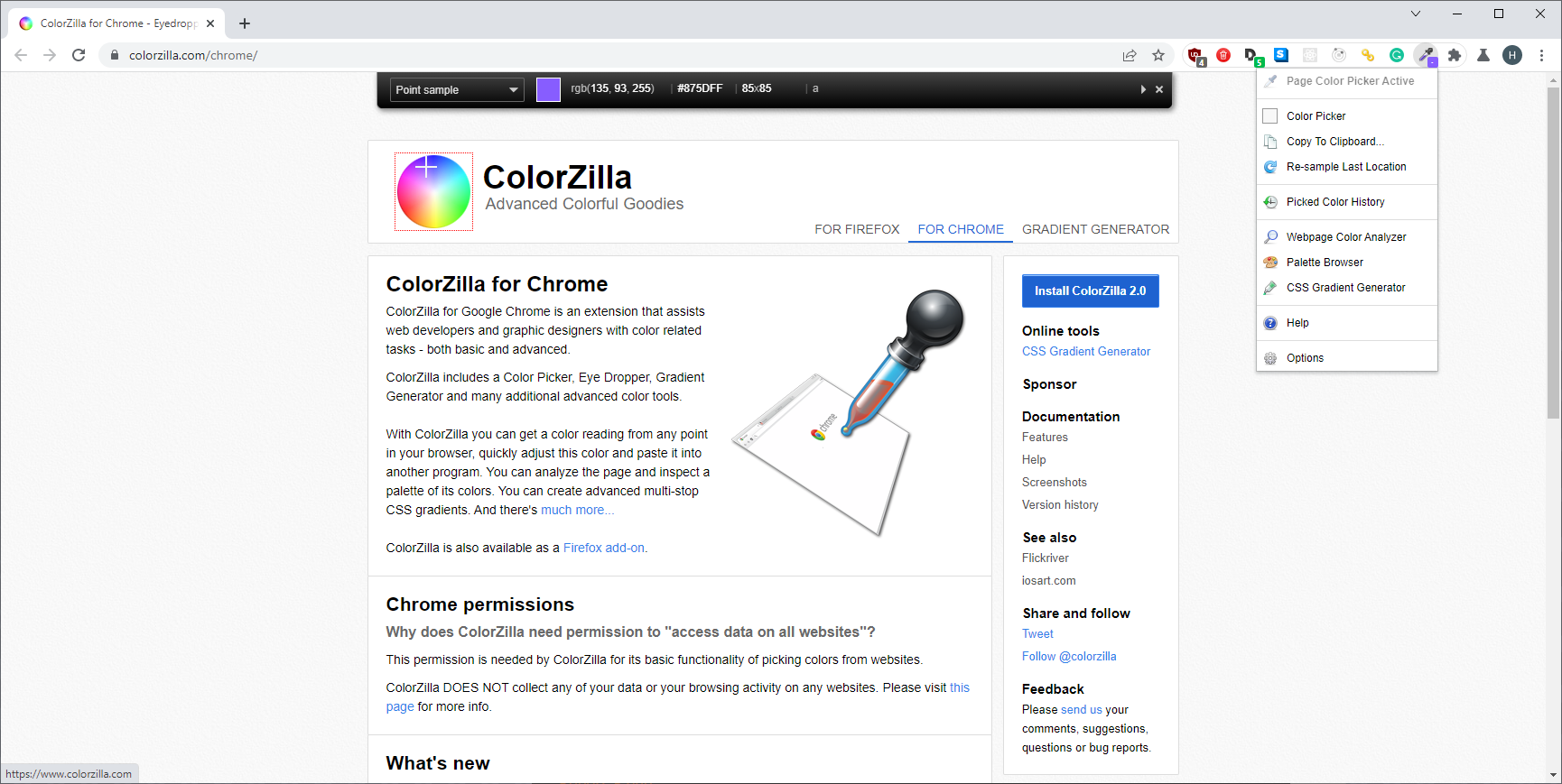 A Screenshot of the ColorZilla Extension in Use