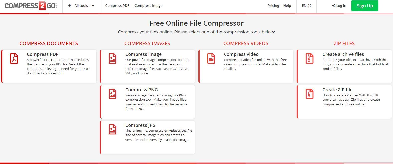 A Screenshot of Compress2Go's Landing Page