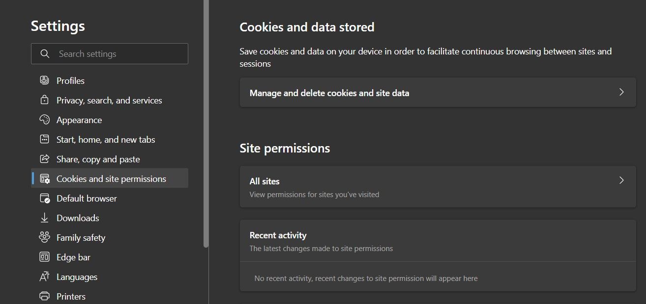 Cookies and site Permissions Settings in Microsoft Edge Settings