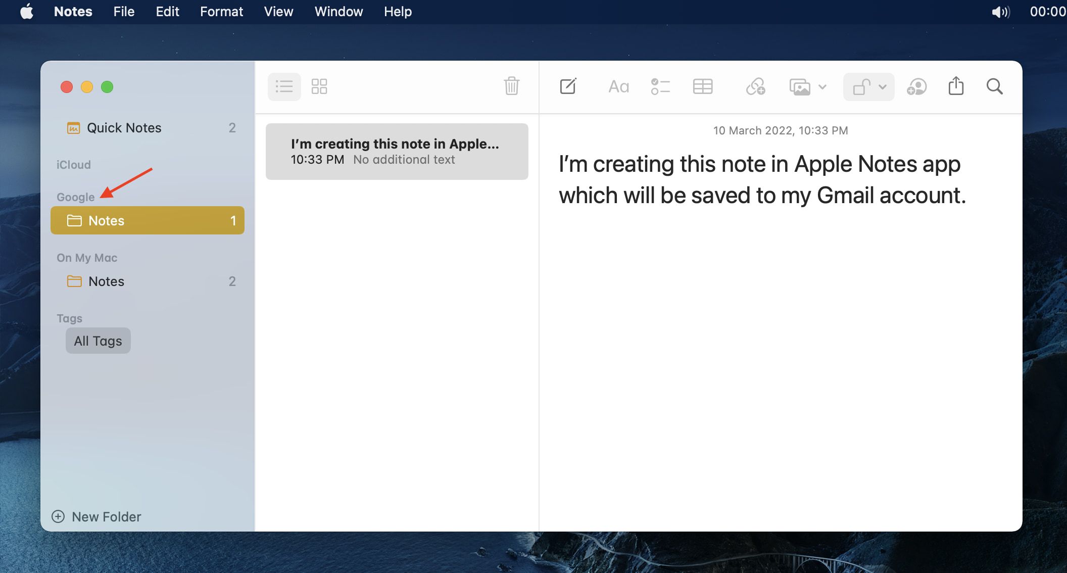 Create notes in Google inside Mac Notes app