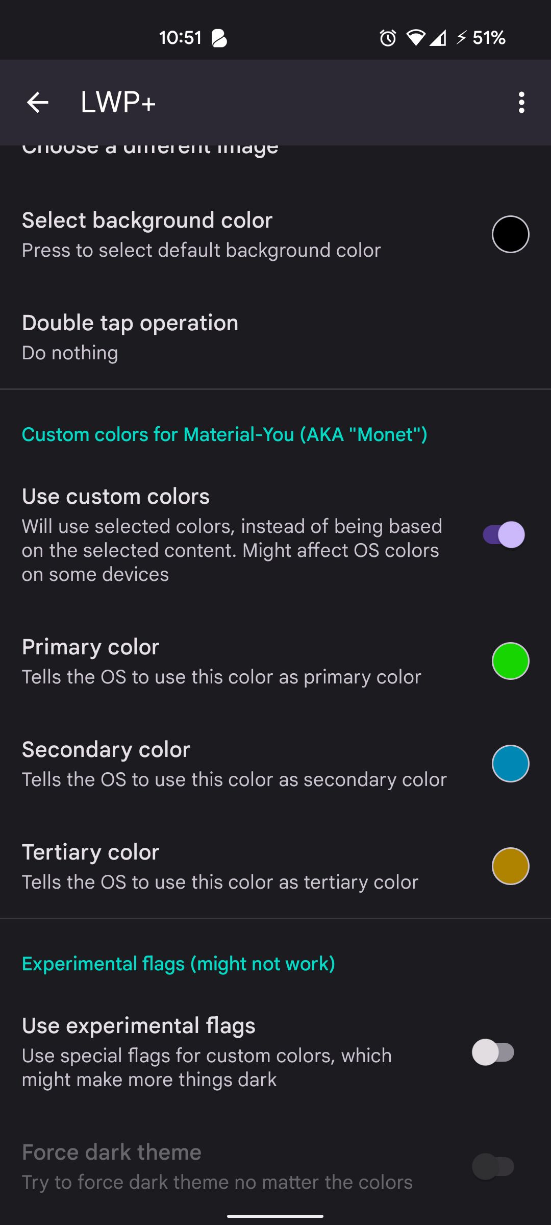 custom colors being selected in the LWP+ app