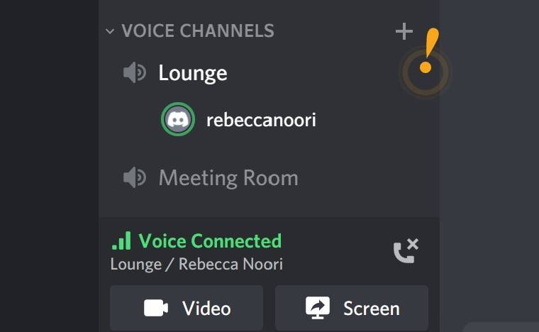 Voice channels activated box within Discord software 