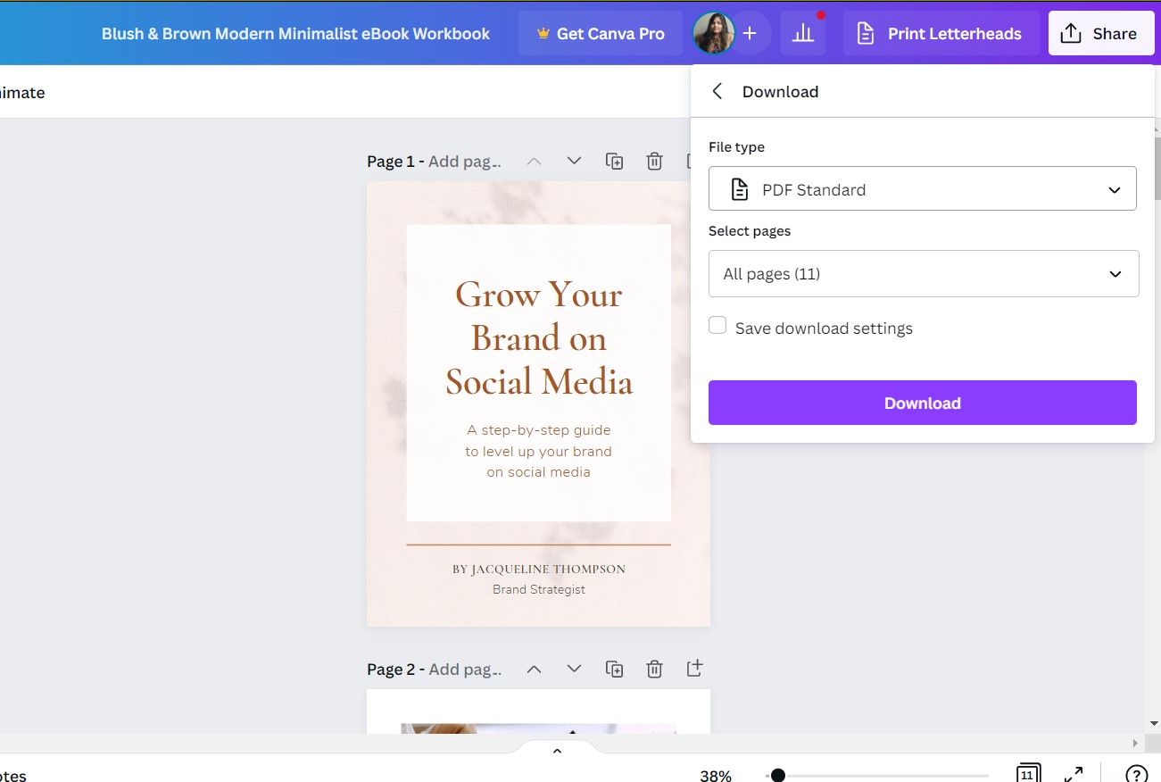 Downloading an ebook in Canva