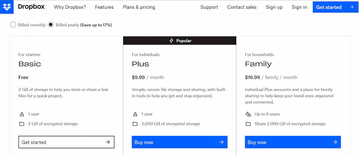 Dropbox Plans Pricing Table