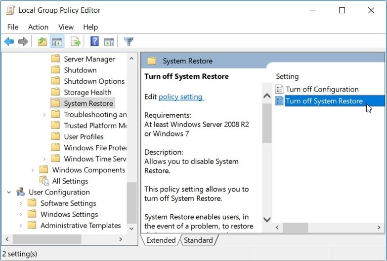 Enabling System Restore Using the Local Group Policy Editor