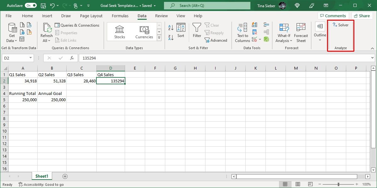 Excel Interface Featuring Solver Analysis Tool