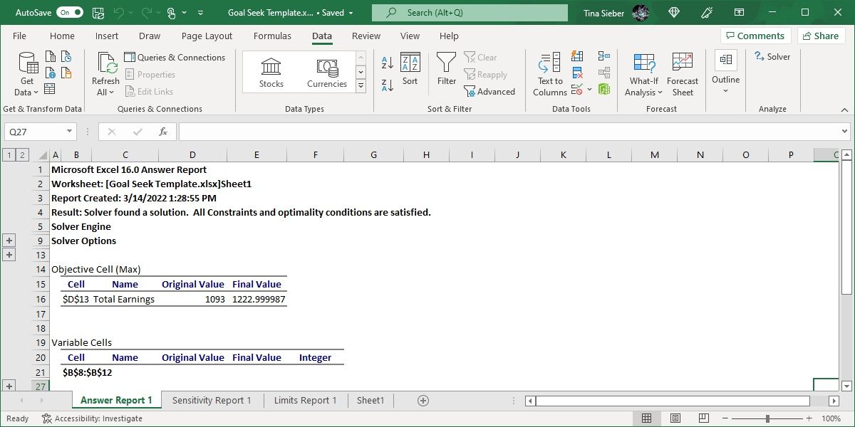 Excel Solver Answer Report