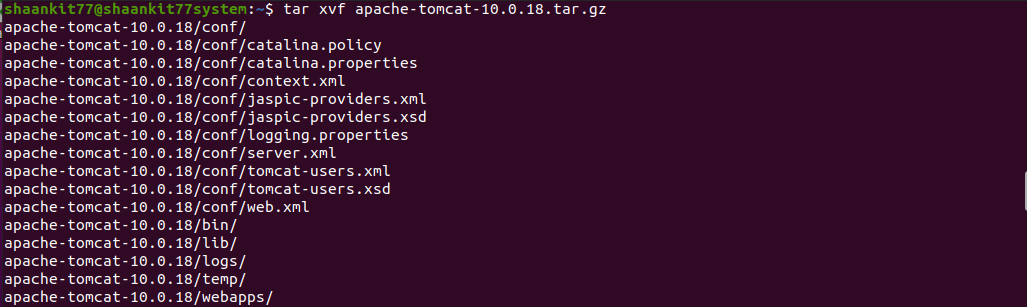 Extracting the Tomcat tar archive with tar xvf command