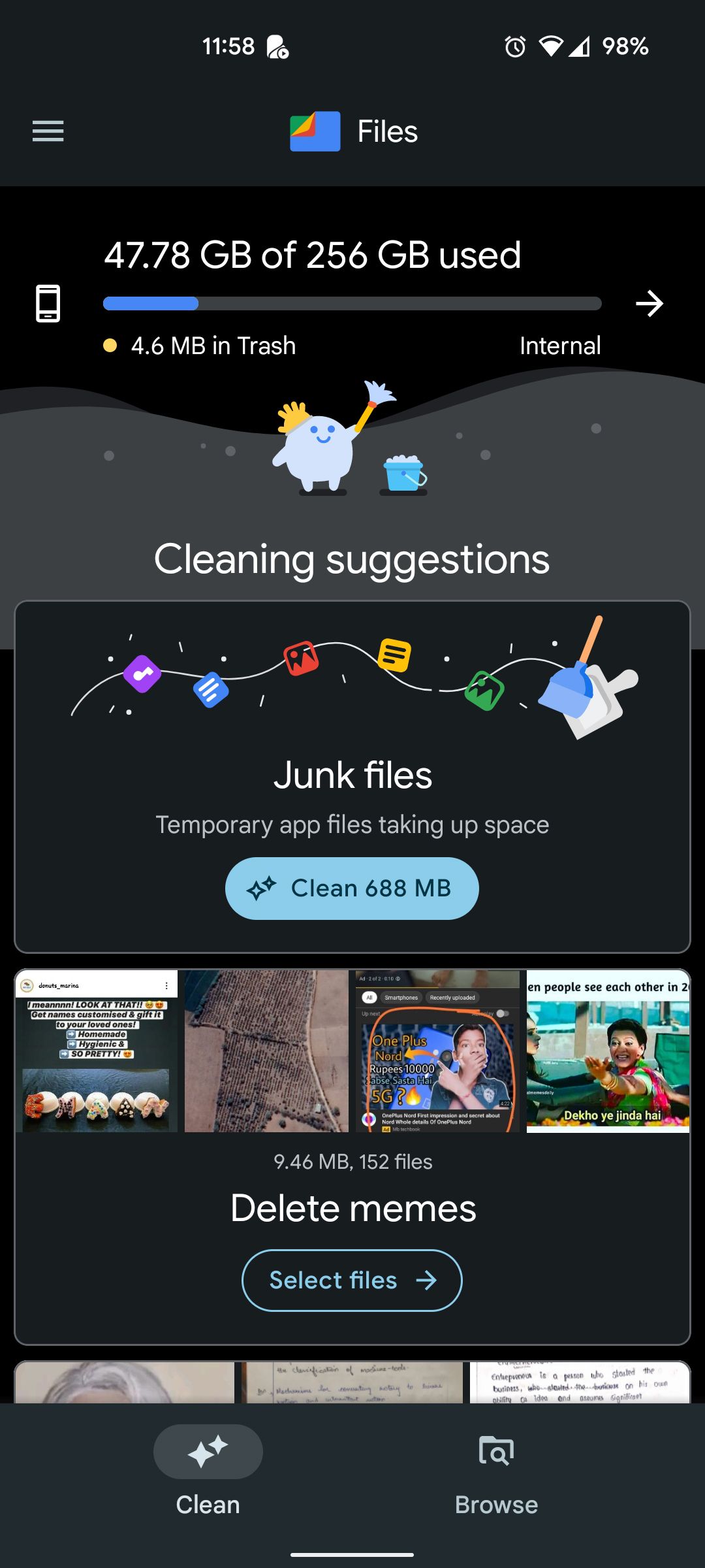Files by Google dashboard displaying junk files