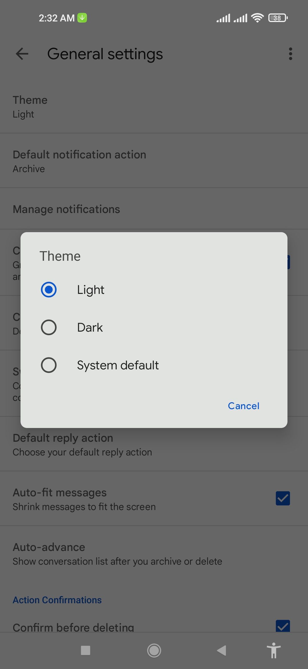 Gmail Dark Mode select Dark theme